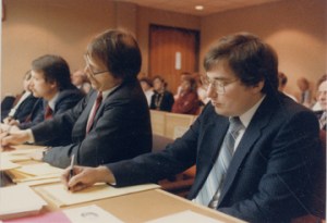 "Mark Hofmann sits with his lawyers during the trial." Special Collections Dept., J. Willard Marriott Library, University of Utah.